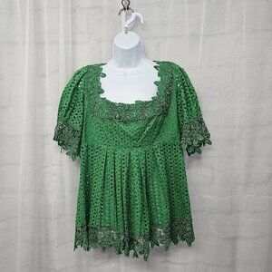 Moda International Blouse Green Floral Eyelet Peasant Boho Festival 14